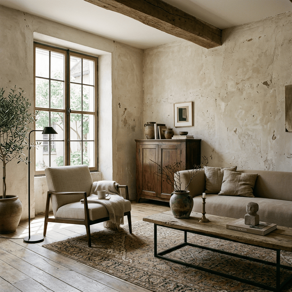 Rustic living room with sofa, armchair, wooden table, and exposed beam